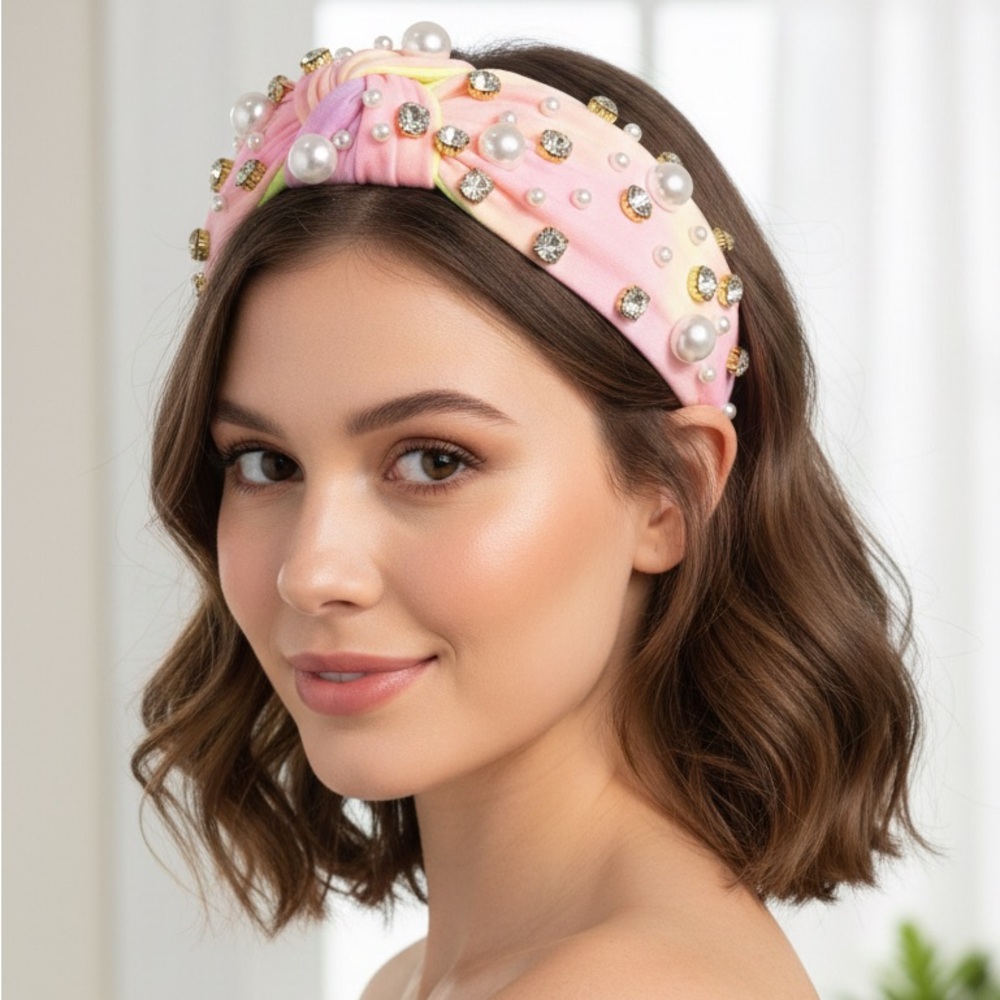 ✨ Pastel Tie Dye Knotted Headband with Pearl & Rhinestone ✨